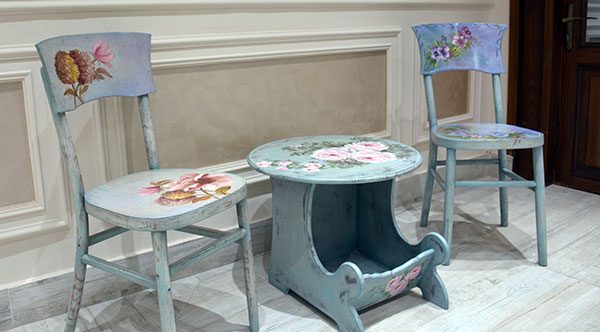 Wooden Shabby Chic Back chairs and newspaper table