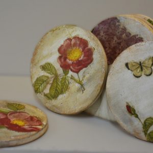 Red floral coasters Handmade decoupage art on wood