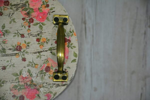 Wood Vintage tray with flowers design and brass antique handles