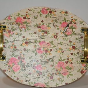 Wood Vintage tray with flowers design and brass antique handles