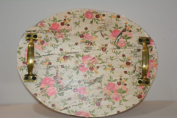 Wood Vintage tray with flowers design and brass antique handles